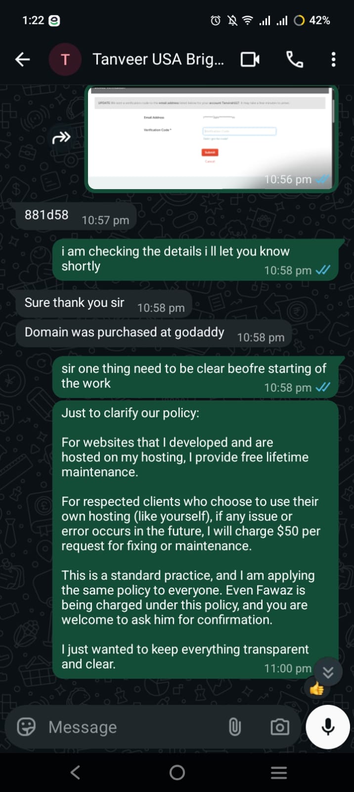 WhatsApp Agreement Screenshot