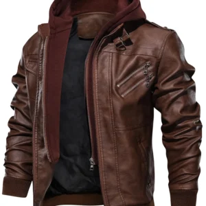 Zoha's  Men's Faux Leather Jacket Retro Zip-UP Stand Collar Motorcycle Bomber Jackets with Removable Hood