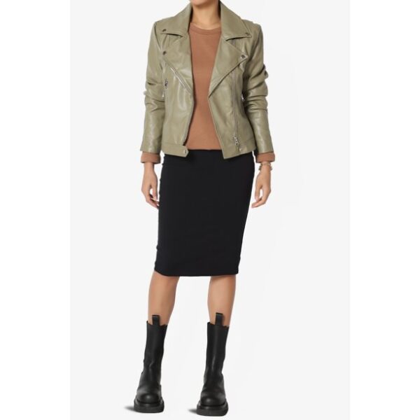 The zoha Women's Faux Leather Belted Slim Biker Moto Jacket Asymmetrical Zip - Image 3