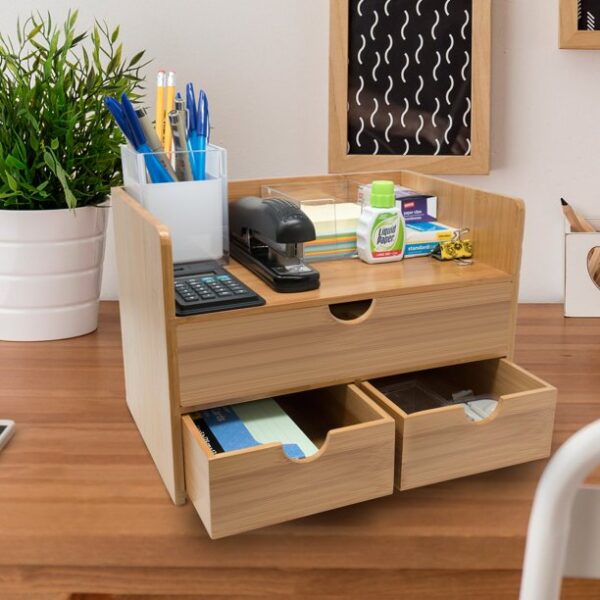 Sorbus 3-Tier Bamboo Shelf Organizer for Desk with Drawers - Image 2
